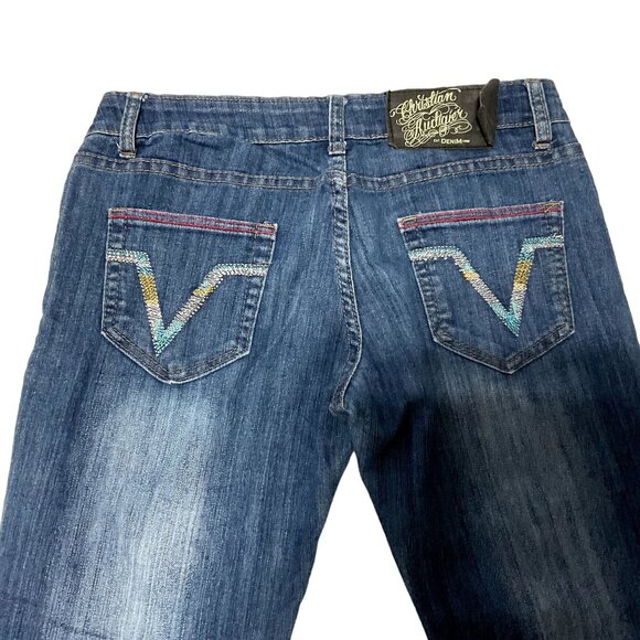 CHRISTIAN AUDIGIER LOW RISE BOOTCUT JEANS SZ 31 BLUE EMBROIDERED RHINESTONE WOME - Picture 3 of 7